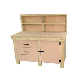 Wooden MDF top workbench, tool cabinet with lockable cupboard (V.3) (H-90cm, D-70cm, L-150cm) with back and double shelf