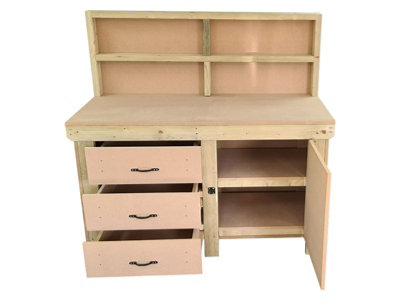 Wooden MDF top workbench, tool cabinet with lockable cupboard (V.3) (H-90cm, D-70cm, L-180cm) with back and double shelf