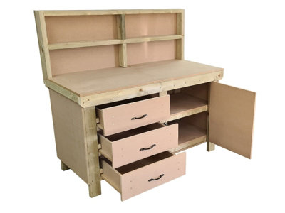 Wooden MDF top workbench, tool cabinet with lockable cupboard (V.3) (H-90cm, D-70cm, L-180cm) with back and double shelf