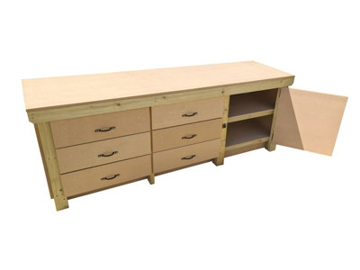 Wooden MDF top workbench, tool cabinet with lockable cupboard (V.3) (H-90cm, D-70cm, L-210cm) double shelf