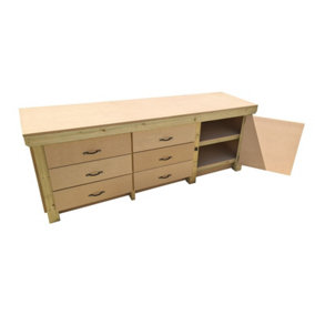 Wooden MDF top workbench, tool cabinet with lockable cupboard (V.3) (H-90cm, D-70cm, L-210cm) double shelf