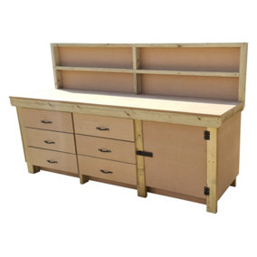 Wooden MDF top workbench, tool cabinet with lockable cupboard (V.3) (H-90cm, D-70cm, L-210cm) with back and double shelf