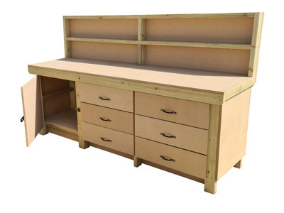 Wooden MDF top workbench, tool cabinet with lockable cupboard (V.3) (H-90cm, D-70cm, L-210cm) with back