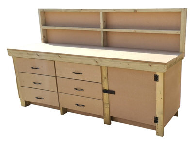 Wooden MDF top workbench, tool cabinet with lockable cupboard (V.3) (H-90cm, D-70cm, L-240cm) with back and double shelf