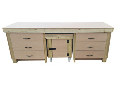 Wooden MDF top workbench with drawers and functional lockable cupboard (V.5) (H-90cm, D-70cm, L-210cm)
