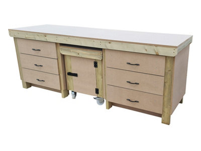 Wooden MDF top workbench with drawers and functional lockable cupboard (V.5) (H-90cm, D-70cm, L-210cm)