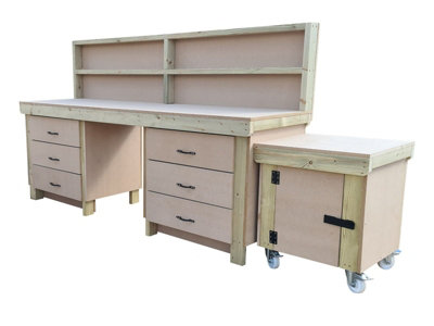 Wooden MDF top workbench with drawers and functional lockable cupboard (V.5) (H-90cm, D-70cm, L-240cm) with back