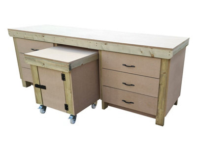 Wooden MDF top workbench with drawers and functional lockable cupboard (V.5) (H-90cm, D-70cm, L-240cm)