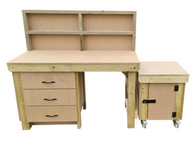 Wooden MDF top workbench with drawers and functional lockable cupboard (V.6) (H-90cm, D-70cm, L-150cm) with back