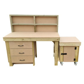 Wooden MDF top workbench with drawers and functional lockable cupboard (V.6) (H-90cm, D-70cm, L-150cm) with back