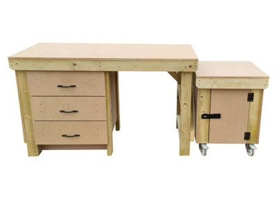 Wooden MDF top workbench with drawers and functional lockable cupboard (V.6) (H-90cm, D-70cm, L-150cm)