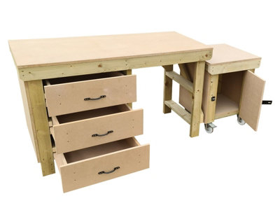 Wooden MDF top workbench with drawers and functional lockable cupboard (V.6) (H-90cm, D-70cm, L-150cm)