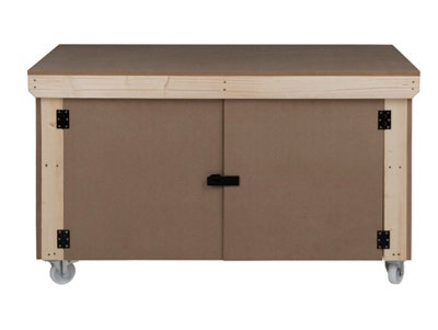 Wooden MDF Top Workbench With Lockable Cupboard (V.9) (H-90cm, D-70cm, L-120cm) double shelf and wheels