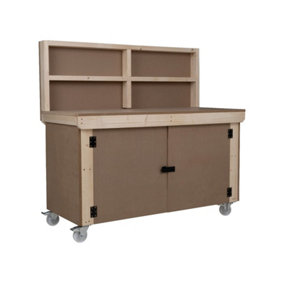 Wooden MDF Top Workbench With Lockable Cupboard (V.9) (H-90cm, D-70cm, L-120cm) with back panel and wheels