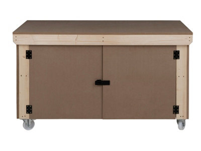 Wooden MDF Top Workbench With Lockable Cupboard (V.9) (H-90cm, D-70cm, L-150cm) double shelf and wheels