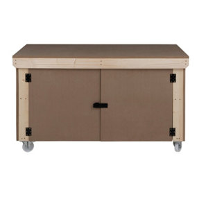 Wooden MDF Top Workbench With Lockable Cupboard (V.9) (H-90cm, D-70cm, L-150cm) double shelf and wheels
