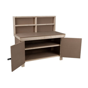Wooden MDF Top Workbench With Lockable Cupboard (V.9) (H-90cm, D-70cm, L-150cm) with back panel and double shelf