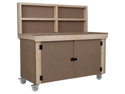Wooden MDF Top Workbench With Lockable Cupboard (V.9) (H-90cm, D-70cm, L-180cm) with back panel, double shelf and wheels