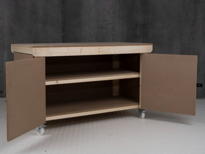 Wooden MDF Top Workbench With Lockable Cupboard (V.9) (H-90cm, D-70cm, L-210cm) double shelf and wheels