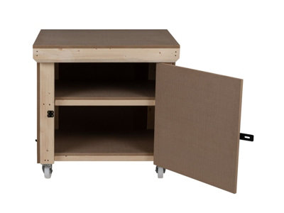 Wooden MDF Top Workbench With Lockable Cupboard (V.9) (H-90cm, D-70cm, L-90cm) double shelf and wheels