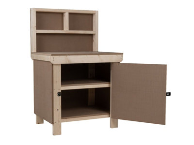 Wooden MDF Top Workbench With Lockable Cupboard (V.9) (H-90cm, D-70cm, L-90cm) with back panel and double shelf