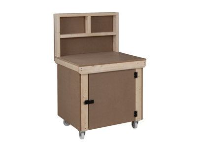 Wooden MDF Top Workbench With Lockable Cupboard (V.9) (H-90cm, D-70cm, L-90cm) with back panel and wheels