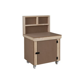 Wooden MDF Top Workbench With Lockable Cupboard (V.9) (H-90cm, D-70cm, L-90cm) with back panel and wheels