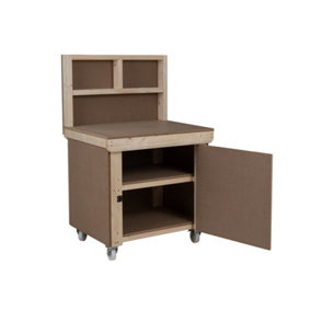 Wooden MDF Top Workbench With Lockable Cupboard (V.9) (H-90cm, D-70cm, L-90cm) with back panel, double shelf and wheels