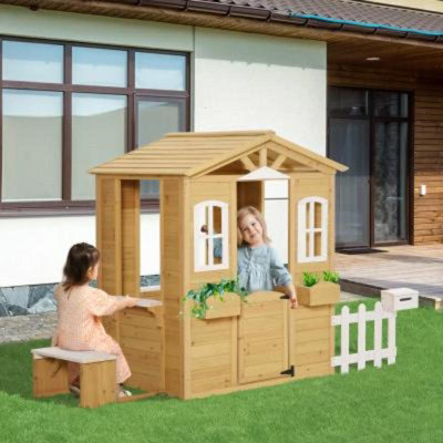 Wooden Outdoor Playhouse with Door Windows Bench Accessories