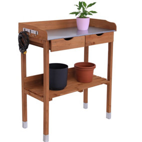 Wooden Outdoor Potting Bench with Metal Workstation - Perfect (92x78x38cm) Greenhouse Table with Hooks Drawers and Bottom Shelf