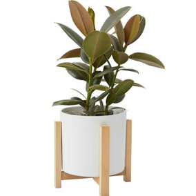 Wooden Plant Stand With Ceramic Plant Pot Included 17cm - Mid-Century Indoor Plant Pot - Double-Sided Holder For Flowers or Plants