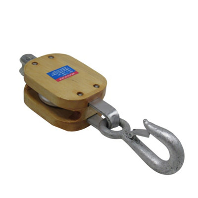 Wooden Pulley Block 8" Single Sheave Swivel Hook