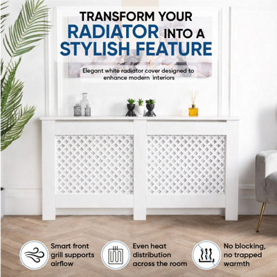 Wooden Radiator Cover White Criss Cross Design Large 82 cm x 152 cm