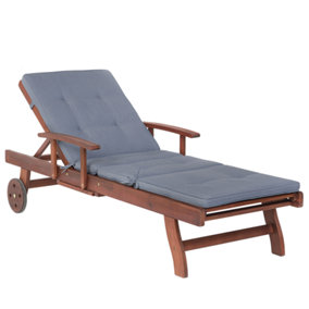 Wooden Reclining Sun Lounger with Blue Cushion TOSCANA