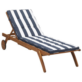 Wooden Reclining Sun Lounger with Cushion Navy Blue and White CESANA