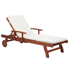 Wooden Reclining Sun Lounger with Off-White Cushion TOSCANA