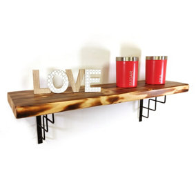 Wooden Rustic Shelf with Bracket SQUARE Black 170mm 7 inches Burnt Length of 90cm