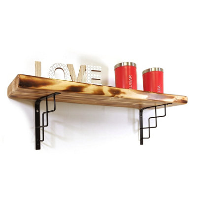 Wooden Rustic Shelf with Bracket SQUARE Black 220mm 9 inches Burnt Length of 70cm
