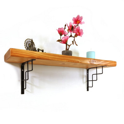 Wooden Rustic Shelf with Bracket SQUARE Black 220mm 9 inches Light Oak Length of 30cm