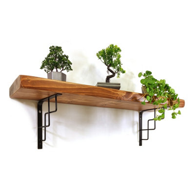 Wooden Rustic Shelf with Bracket SQUARE Black 220mm 9 inches Medium Oak Length of 220cm