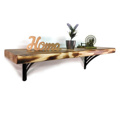 Wooden Rustic Shelf with Bracket WAT Black 220mm 9 inches Burnt Length ...