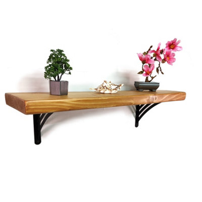 Wooden Rustic Shelf with Bracket WAT Black 220mm 9 inches Light Oak Length of 100cm