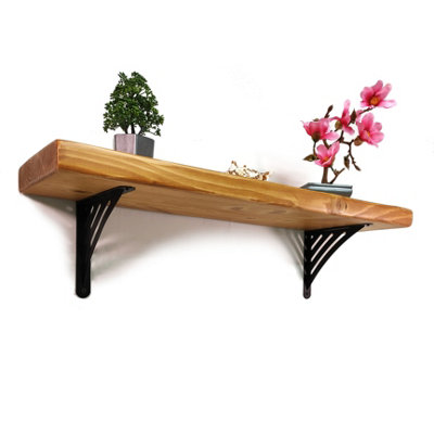 Wooden Rustic Shelf with Bracket WAT Black 220mm 9 inches Light Oak Length of 100cm