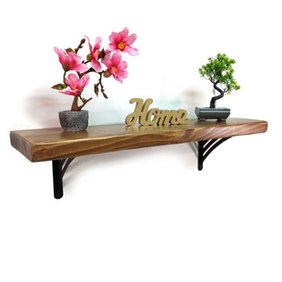 Wooden Rustic Shelf with Bracket WAT Black 220mm 9 inches Medium Oak Length of 110cm