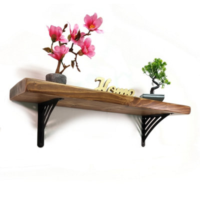 Wooden Rustic Shelf with Bracket WAT Black 220mm 9 inches Medium Oak Length of 120cm