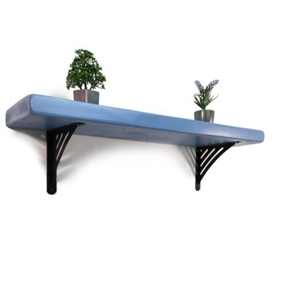 Wooden Rustic Shelf with Bracket WAT Black 220mm 9 inches Nordic Blue Length of 100cm