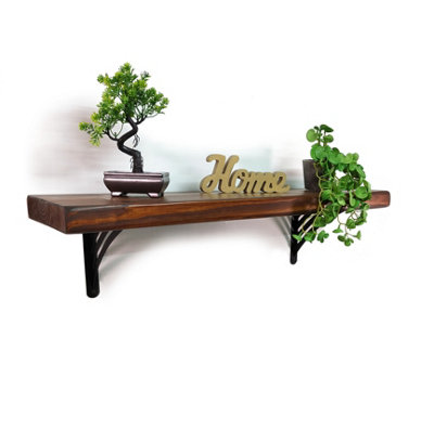 Wooden Rustic Shelf with Bracket WAT Black 220mm 9 inches Walnut Length of 120cm