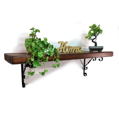 Wooden Rustic Shelf with Bracket WO Black 140mm 6 inches Dark Oak Length of 110cm