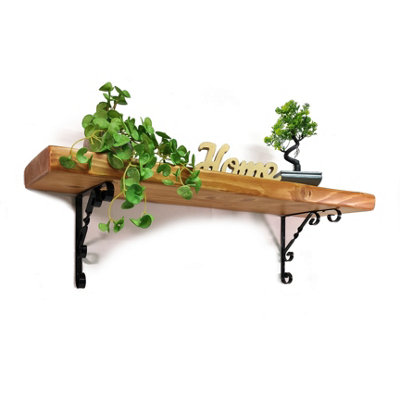 Wooden Rustic Shelf with Bracket WO Black 140mm 6 inches Light Oak Length of 30cm