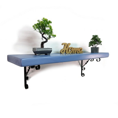 Wooden Rustic Shelf with Bracket WO Black 140mm 6 inches Nordic Blue Length of 210cm